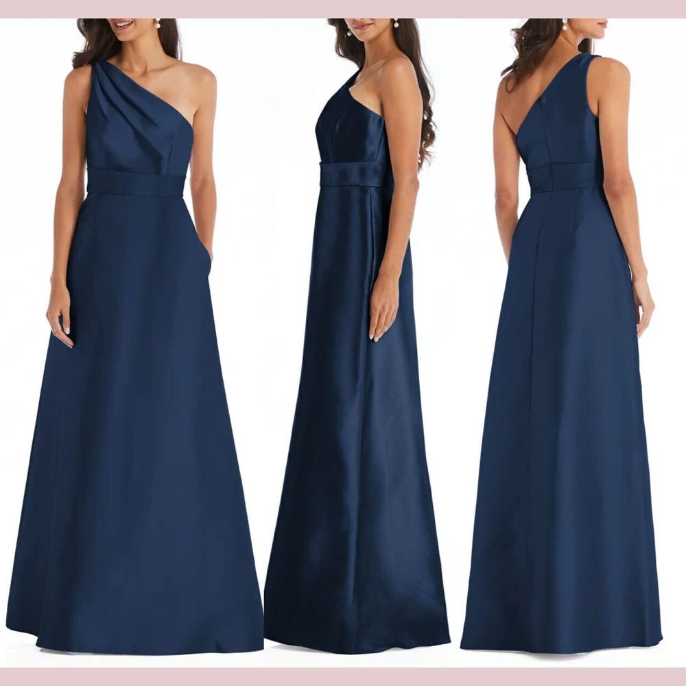 NWT $239 Alfred Sung [ 2‎ ] D815S One Shoulder A-Line Gown Midnight Blue Q912